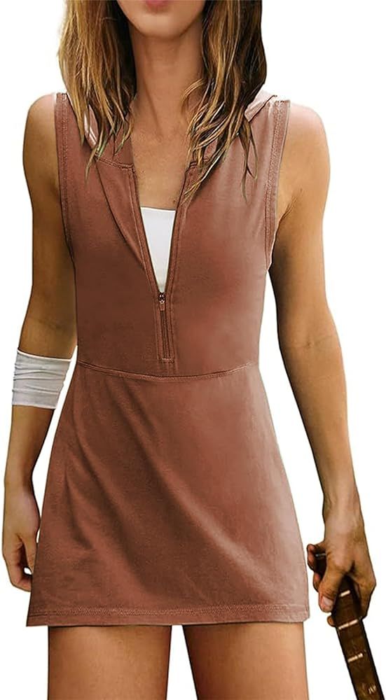 Women Athletic Tennis Dress Sleeveless Half Zip Hooded Workout Mini Dress with Shorts | Amazon (US)