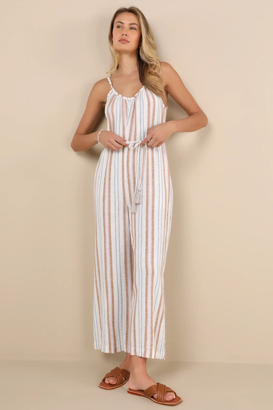 Gale Ivory Striped Linen Wide-Leg Jumpsuit | Lulus