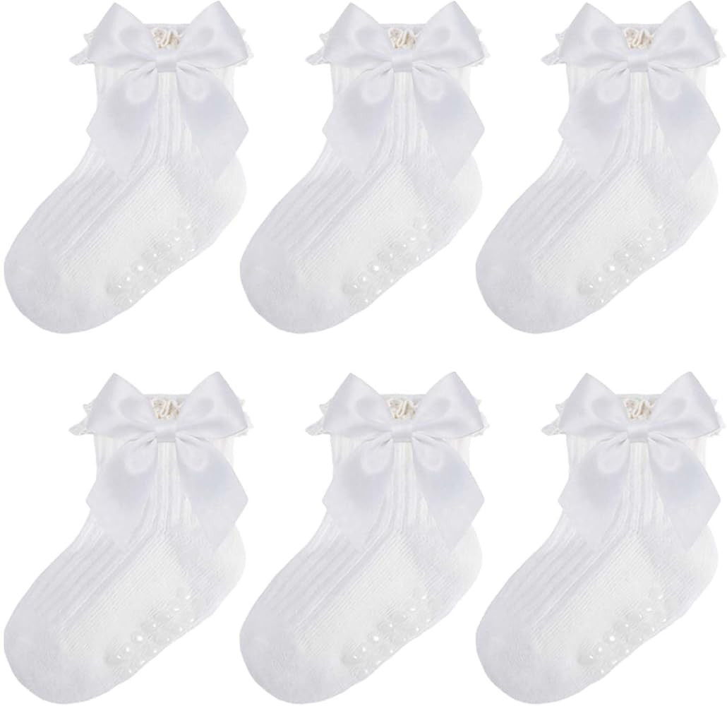 Baby Socks Baby Girl Non Slip Grip Ruffle Socks with Bows Soft Cotton Toddler Girl Sock with Grip... | Amazon (US)