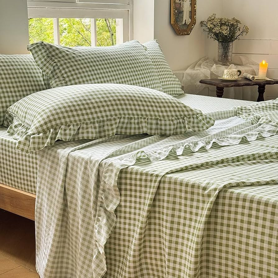 NSNLGSGC Sage Green Gingham Ruffle Queen Sheet Set | Amazon (US)