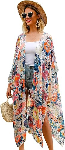 Hibluco Women's Long Floral Kimono Printed Cardigan Sheer Swimsuit Cover Ups | Amazon (US)