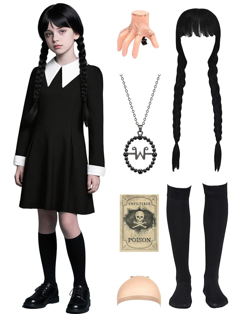 7pcs Girls Halloween Costume Kids Black Dress with Wig Necklace Socks Hairpin | Amazon (US)