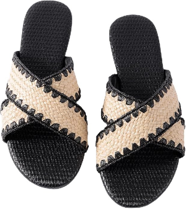 Mtzyoa Women's Braided Slide Flat Sandals Raffia Cute Natural Summer Beach Casual Comfortable | Amazon (US)