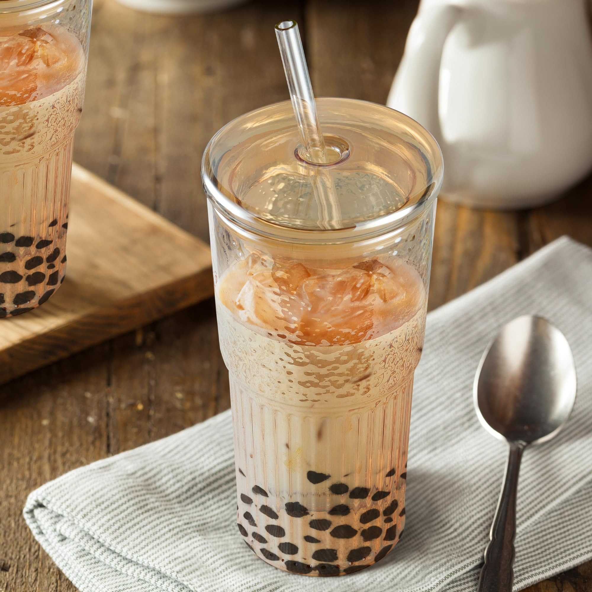 Joeyan 22 oz Amber Glass Tumbler with Straw and Lid for Iced Tea Coffee Smoothie Water Juice Beve... | Amazon (US)