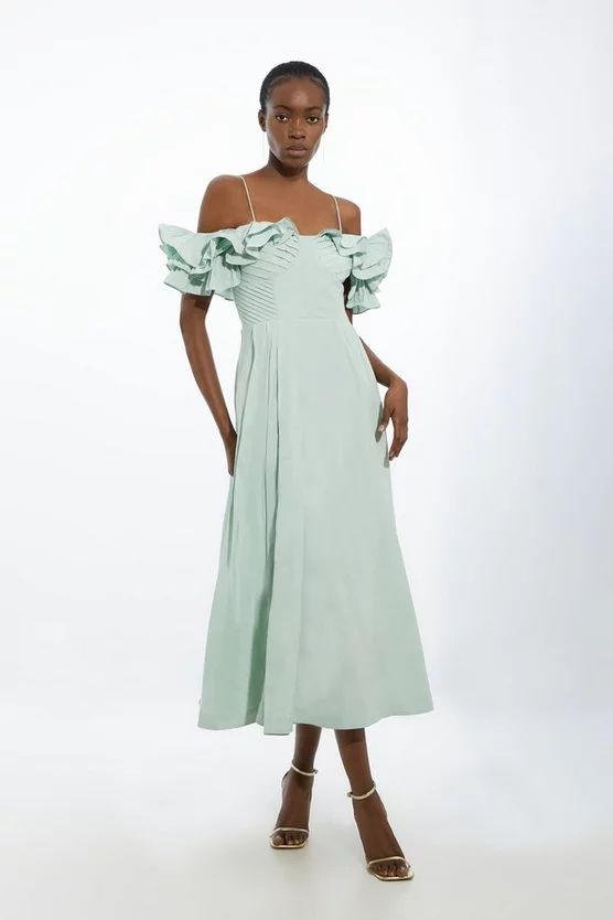 Petite Strappy Off The Shoulder Taffeta Woven Prom Dress | Karen Millen UK + IE + DE + NL