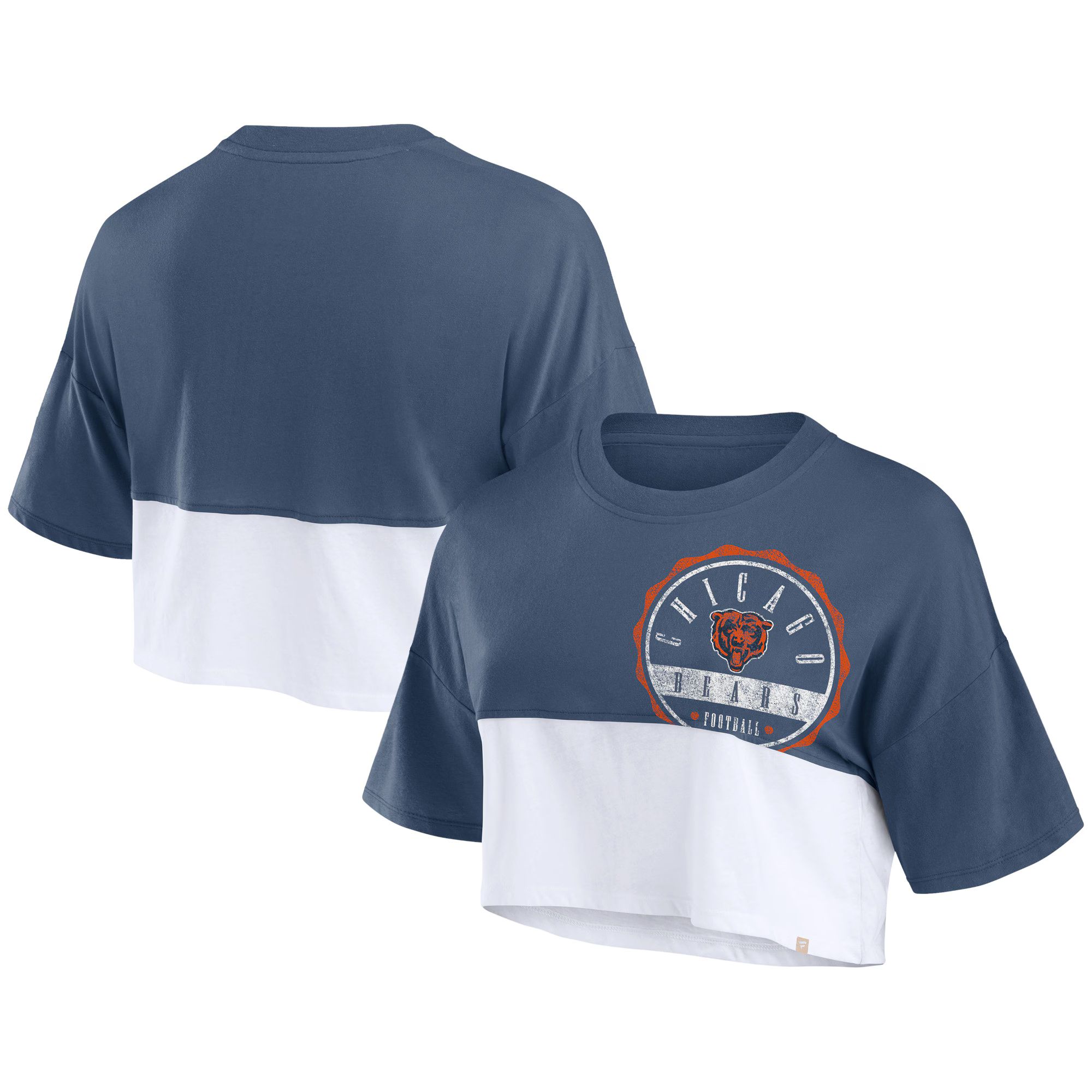 Chicago Bears Fanatics Branded Women's Boxy Color Split Cropped T-Shirt - Navy/White | Fanatics