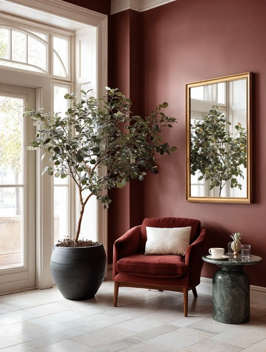 Bold interiors are back, and gorgeous colors are leading the way.

For years, homes leaned heavily into safe neutrals. Today, we're seeing a return to rich, character-filled colors that make a statement while still feeling elegant and timeless.

Rustic burgundy is one of our favorites.

It's warm, sophisticated, inviting, and surprisingly versatile.

But what makes this corner work isn't just the color. It's how every element plays a role.

✨ A rustic burgundy wall creates depth and drama
✨ A gold-framed mirror adds elegance, light, and warmth
✨ A matching burgundy accent chair reinforces the color story
✨ An emerald marble side table introduces contrast and natural texture
✨ An oversized indoor tree softens the space and brings life into the room
✨ A statement planter grounds everything beautifully

This is a perfect example of what we call intentional layering.

The burgundy makes the statement.

The gold adds refinement.

The marble adds sophistication.

The tree brings balance.

Together, they create a corner that feels collected, welcoming, and effortlessly luxurious.

And perhaps the most important lesson?

You don't need to redesign an entire room.

Sometimes all it takes is one bold wall, one beautiful mirror, or one oversized indoor tree to completely transform a forgotten corner.

Create the look all at once—or start with a single piece and build from there.

Because the most memorable rooms aren't always the biggest.

They're the ones with personality.

#BoldInteriors #ElegantAndDriven #BurgundyDecor #GoldMirror #IndoorTrees 

 #LTKHome