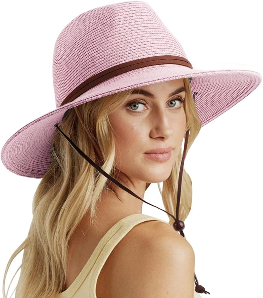 DRESHOW Womens Summer Straw Sun Hat Wide Brim Bucket Hats Fedora Hat Panama Beach Hat with Chin S... | Amazon (US)
