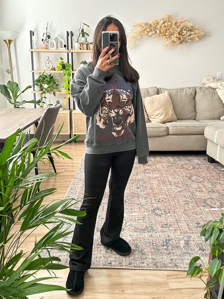 Best sweatshirt ever from Annie bing (size x-small) with ribbed flare leggings (size small) and the trendy Ugg Tasman slippers! #Founditonamazon #amazonfashion // Amazon fashion outfit inspiration, Annie bing tiger sweatshirt, amazon sweatshirt, Shopbop finds 

#LTKU #LTKstyletip #LTKFind