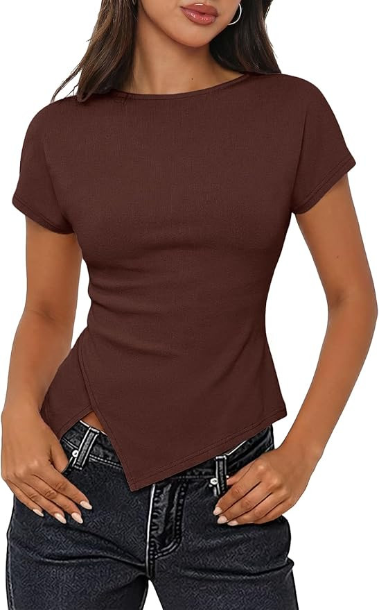 MEROKEETY Women's Summer Asymmetrical Tops 2026 Short Sleeve Boat Neck Ruched Slim Going Out T-Sh... | Amazon (US)
