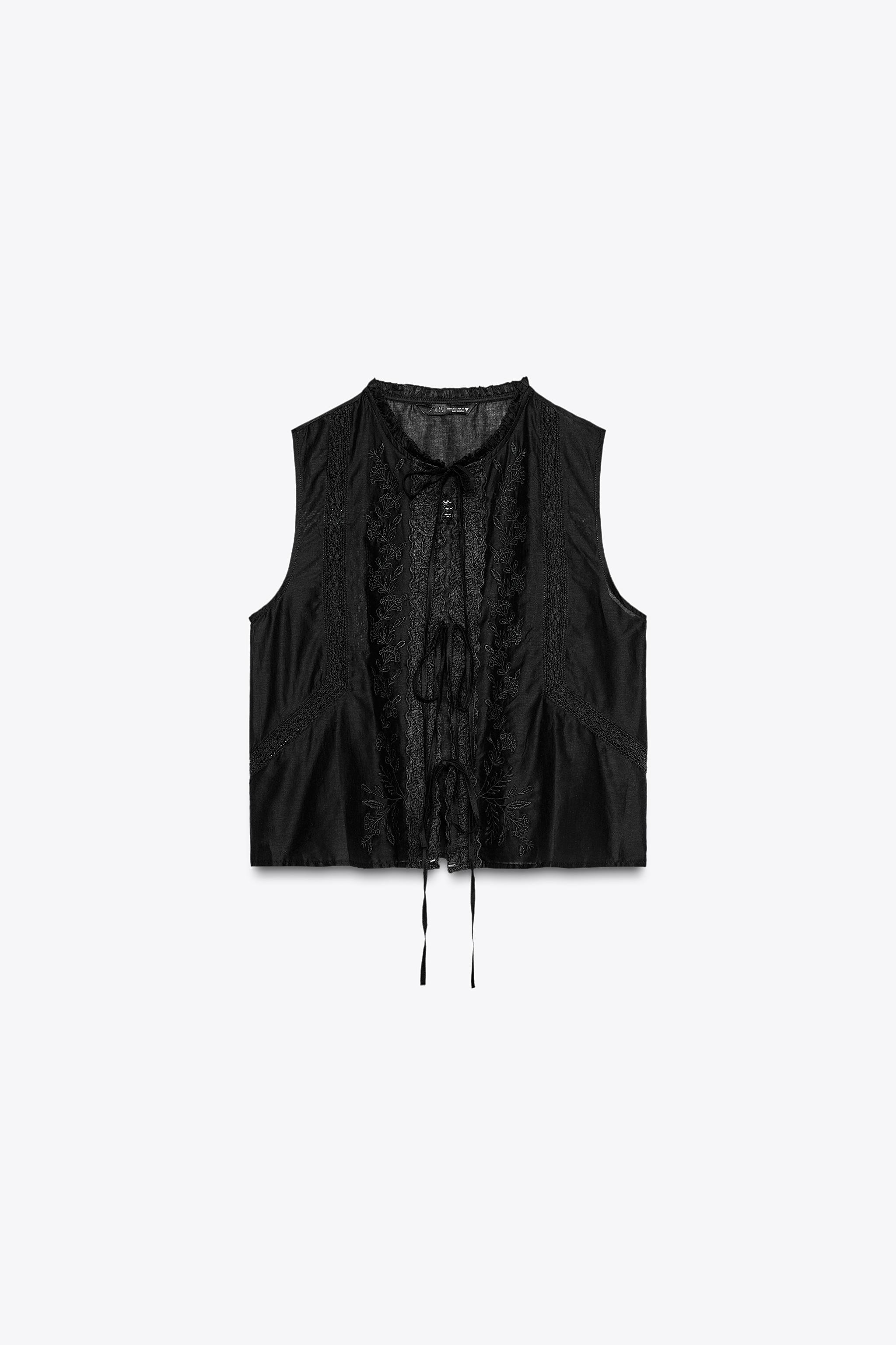 TIE EMBROIDERED TOP Black White | Zara US