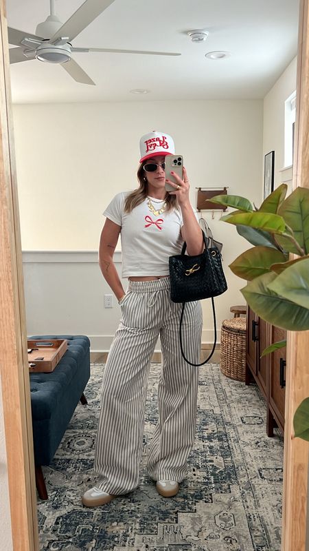 5/17/24 Casual boxer pants outfit 🫶🏼 boxer pants, boxer shorts, boxer shorts trend, striped pants, striped pants outfit, summer fashion trends, summer fashion essentials, bow tee, bow tie t-shirt, red outfit, red Adidas sambae, Adidas sambae sneakers, red trucker hat, trucker hat outfit

