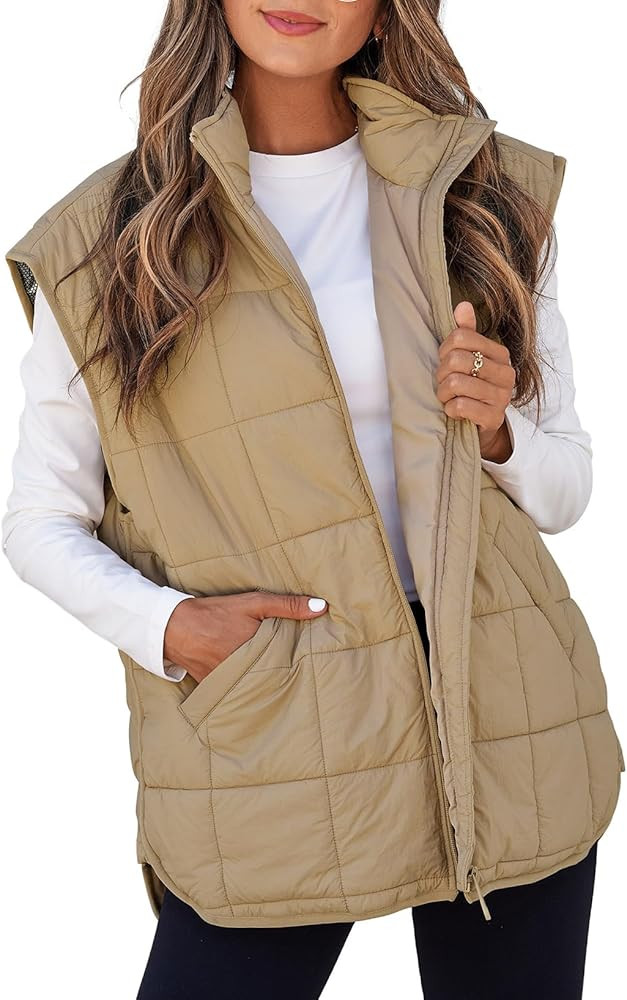 EVALESS Women Puffer Vest Quilted Cap Sleeve Zip Up Vest Tops | Amazon (US)