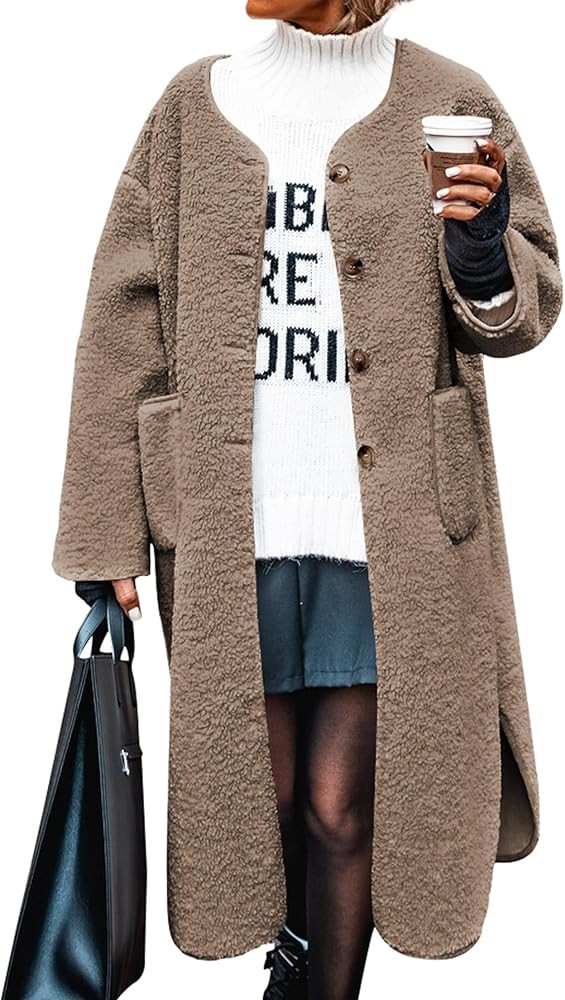 Poetsky Womens Winter Teddy Faux Fur Coats Warm Button Down Fuzzy Fleece Long Jacket Outerwear Ou... | Amazon (US)