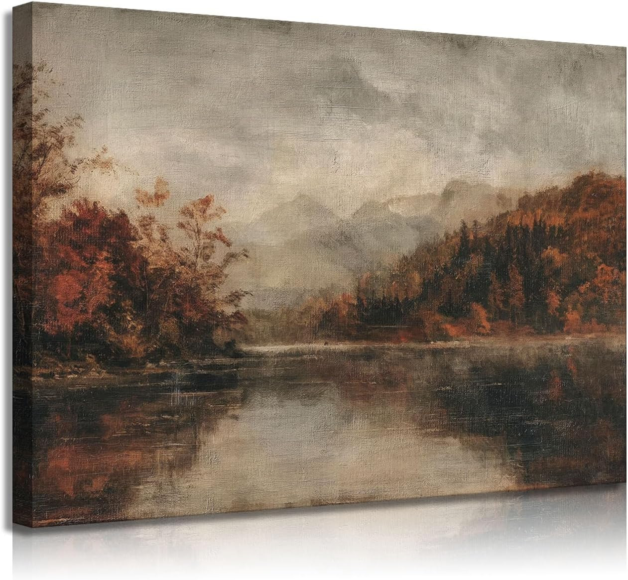 Vintage Autumn Landscape Canvas Wall Art Rustic Moody Lakeside Decor Picture Autumn Lake River Na... | Amazon (US)