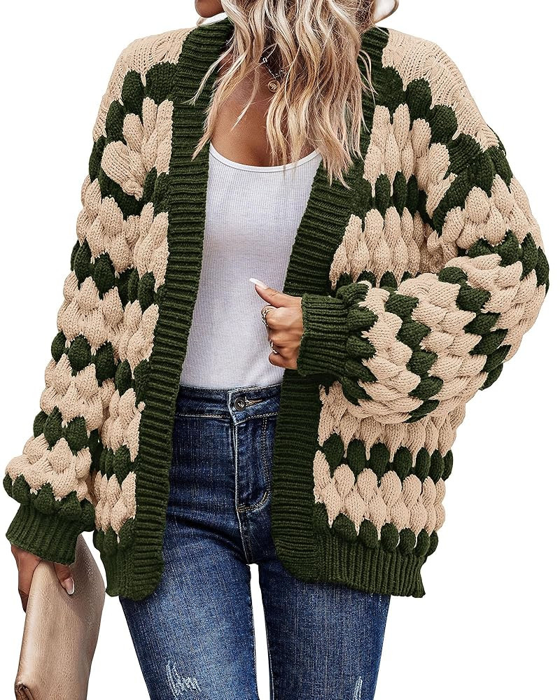 KIRUNDO Womens Cardigan Chunky Fall Fashion Lantern Sleeve Open Front Striped Color Block Cable K... | Amazon (US)
