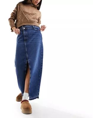 River Island asymmetric waist denim maxi skirt in blue | ASOS (Global)