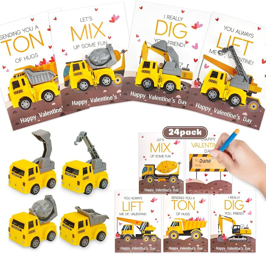 Valentines Day Cards for Kids Classroom: 24 Pack Trucks Valentines Gifts Construction Vehicles To... | Amazon (US)