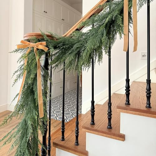 2PCS 6FT Christmas Cedar Garland Full Real Touch Artificial Green Faux Cypress Realistic Pine Garland for Mantle Fireplace Table Home Decoraiton | Amazon (US)