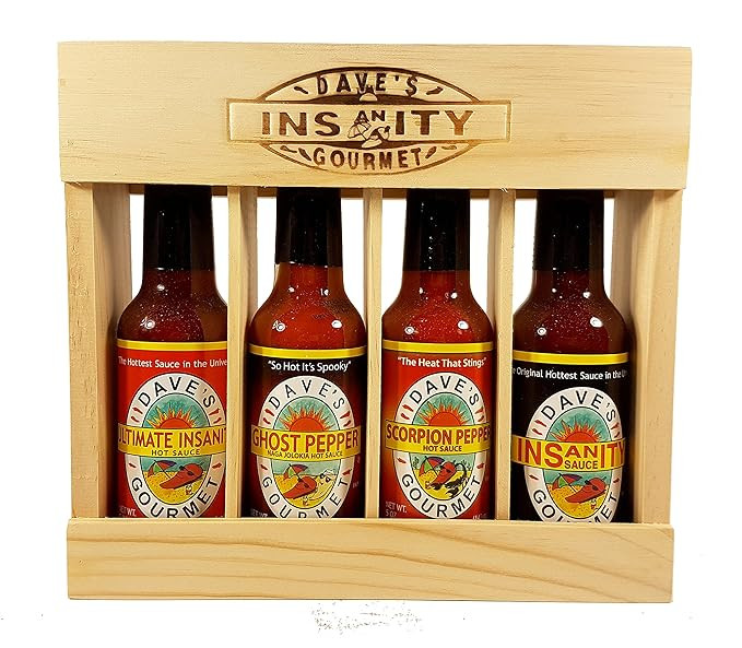 Dave's Gourmet Insanity Super Hot Sauce Wooden Crate Gift set 4 pk/5 oz. | Amazon (US)