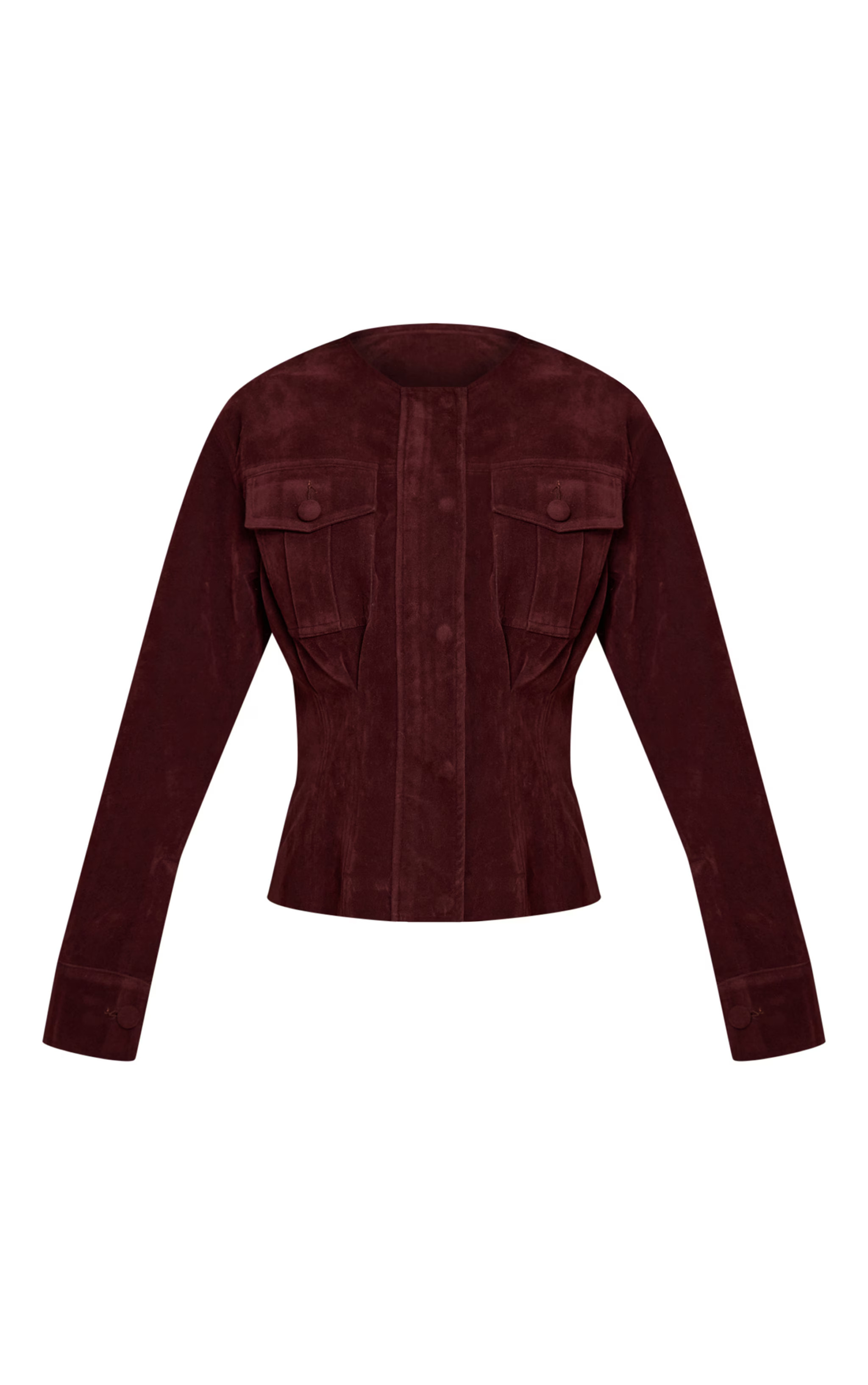 Burgundy Faux Suede Covered Button Cinch Waist Jacket | PrettyLittleThing US