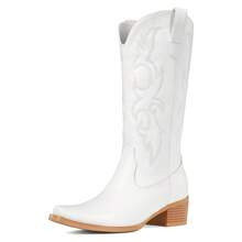 White Cowboy Boots For Women - Embroidered Cowgirl Boots Western Mid Calf Fashion Chunky Heel Pointed Toe Country Boots | SHEIN