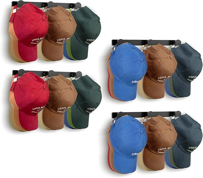 KIMBORA 4 Packs Hat Rack for Wall, Hat Organizer for Baseball Caps Holds 36 Hats, 3 Mounting Opti... | Amazon (US)