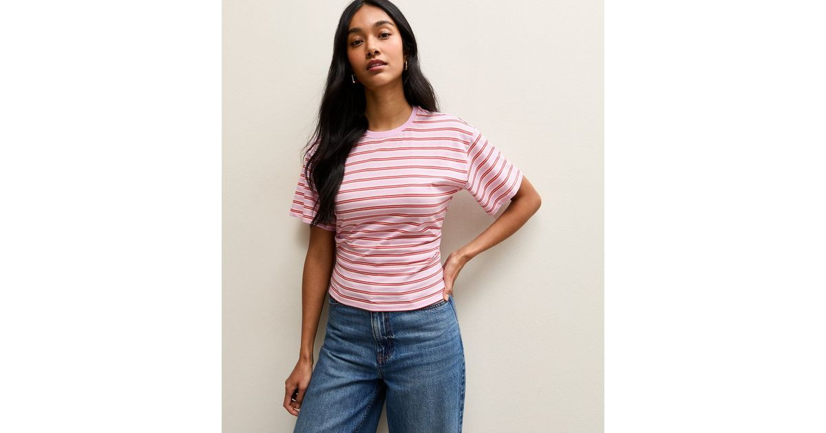 Pink Striped Ruched Waist Crew Neck T-Shirt | New Look | New Look (UK)