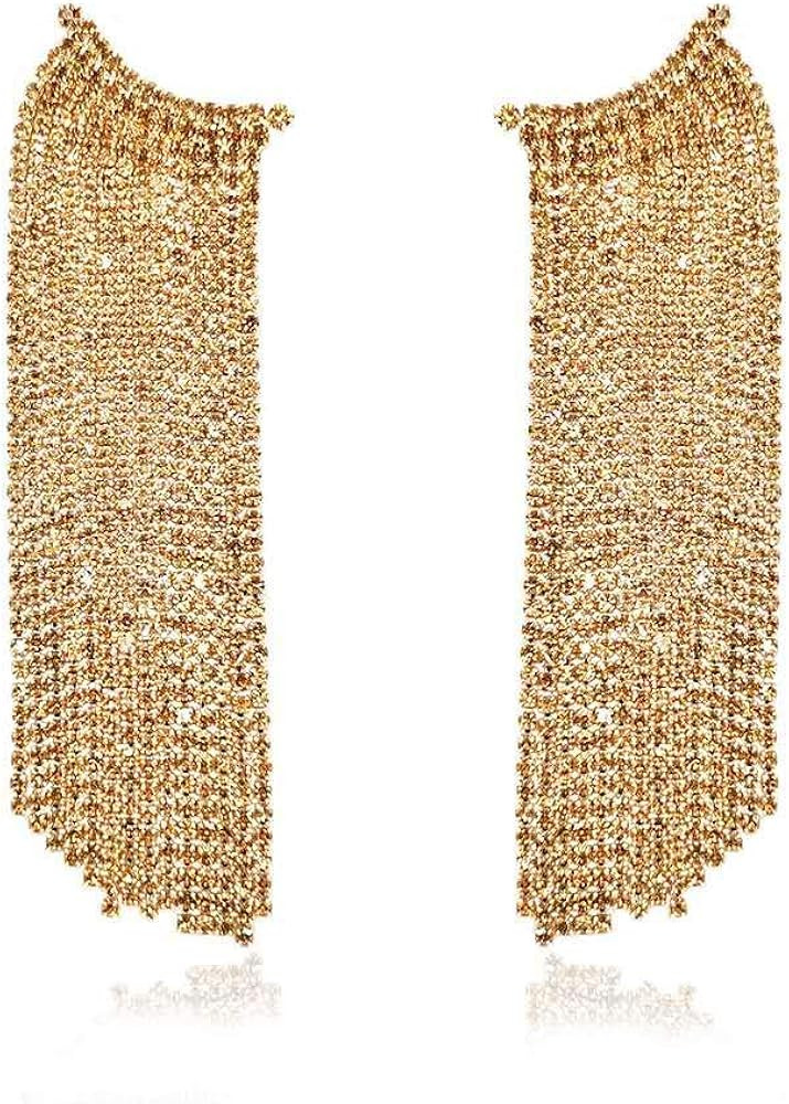 Uncle J Gold/Silver Rhinestone Crystal Long Tassel Dangle Earrings-Fringe Chain Chandelier Drop E... | Amazon (US)
