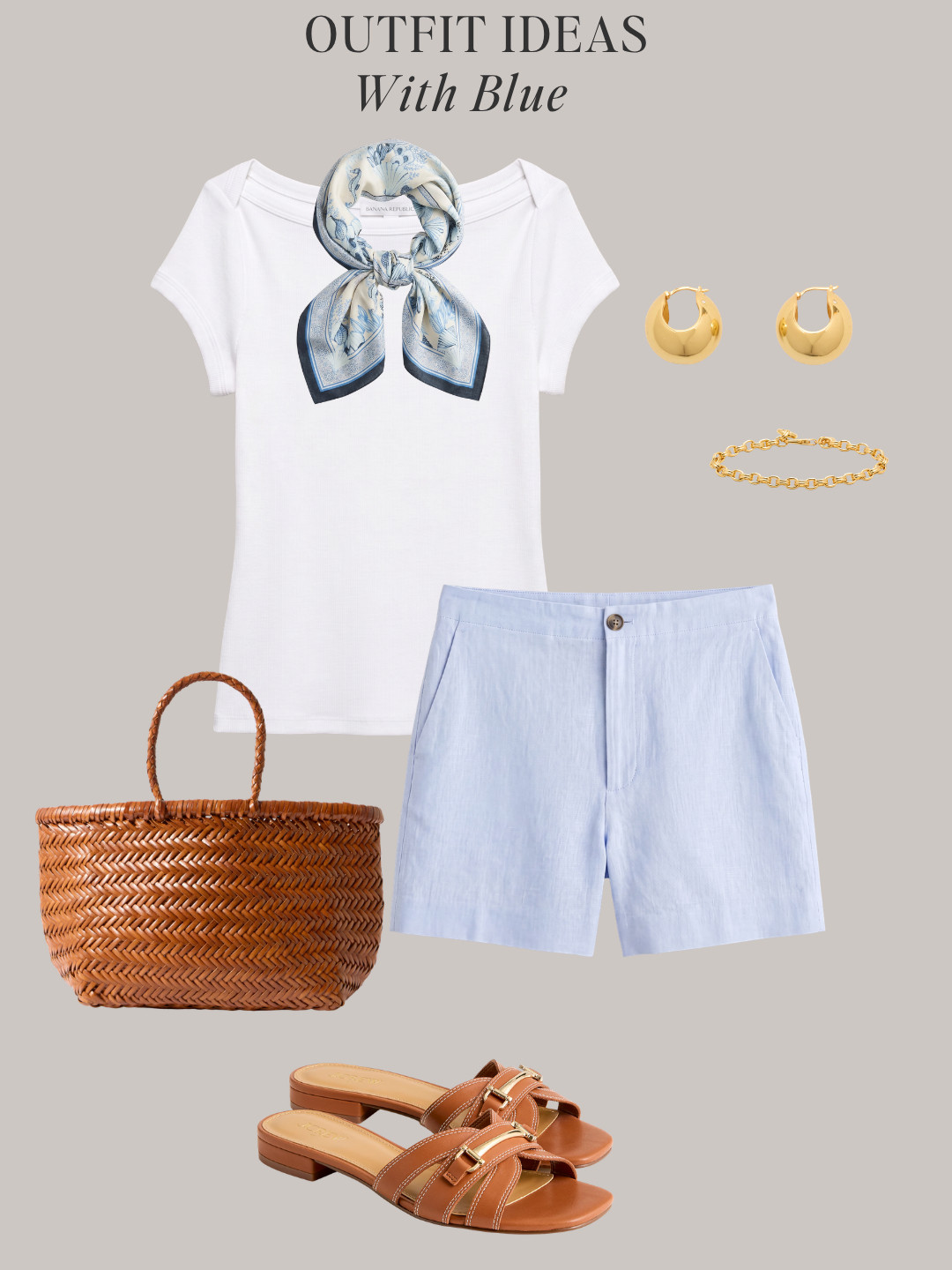 8 outfit ideas with light blue For summer ✔️ All-non light blue color clothes, shoes and accessories are in the Minimal Chic Summer 2026 capsule wardrobe.  

button vest, tailored shorts, slide sandals, sleeveless top, white midi skirt, slingback flats, blue button-down shirt, bermuda shorts, thong sandals, striped vest, linen shirt, tailored pants, white tee, black skirt, straw raffia sandals, tank dress, linen blazer, polo top

#quietluxury #styleguide #effortlesschic #lightblue #summeroutfits 

 
