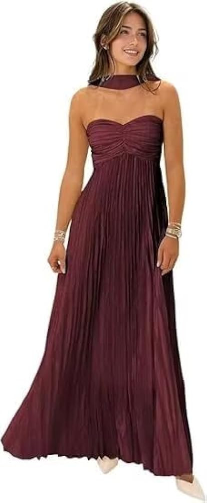 Women's Bridesmaid Dresses Chiffon A-line Pleated Long Formal Prom Party Dress Strapless | Amazon (US)