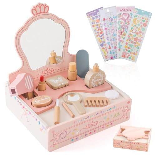 OESSUF Toddler Vanity Wooden Makeup Toy Set for Kids, Princess Vanity Table with Stickers Mirror, Beauty Salon Makeup Accessories for Little Girl, Storage Shelve Girls Gift for Christmas Birthday | Amazon (US)