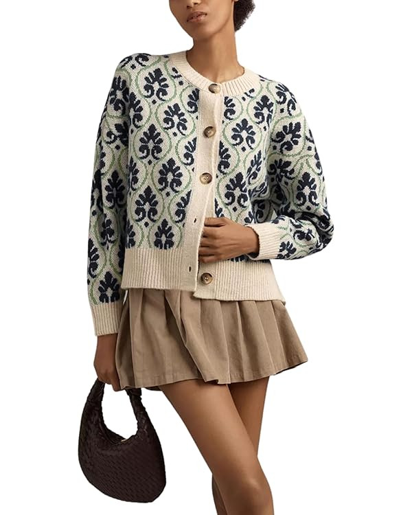 Women Floral Cardigan Sweater Open Front Long Sleeve Button Down Knit Sweater Vintage Outerwear | Amazon (US)