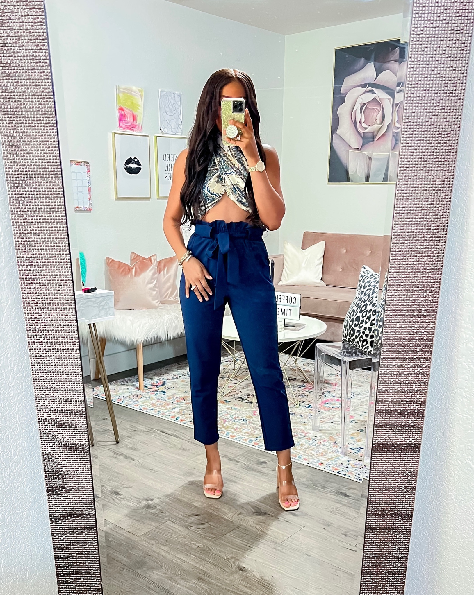 Wrap Top: It’s a one size bandana top and I was able to wrap this two ways. •Pants: I am 5’4” wearing a small, elastic paper bag style waist and removable belt. •Heels: Went with my normal size. Wearing nipple covers and used fashion tape for added security that is linked. 

#LTKunder100 #LTKFestival #LTKshoecrush