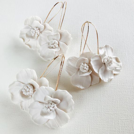 18K Gold | White Flower Wedding Earrings | Unique Flower Earrings | Bridesmaid Proposal gift | St... | Etsy (US)