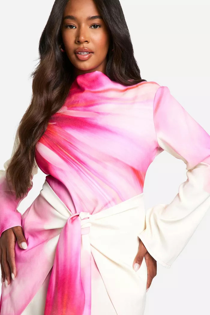 Plus Premium Satin Floral Print Wrap Drape Detail Long Sleeve Mini Dress | boohoo (US & Canada)