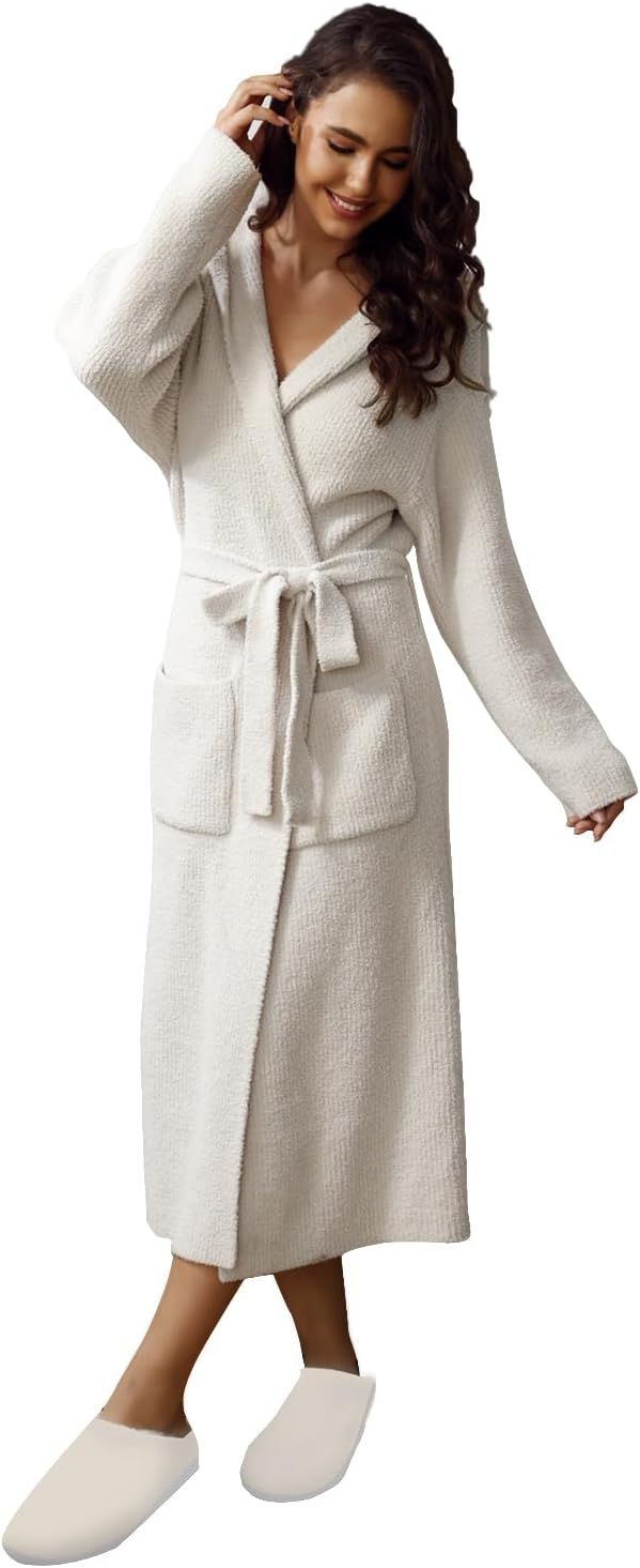 MH MYLUNE HOME Ribbed Hooded Robe with Pockets,Soft Spa Bathrobe Loungewear Calf-Length，Plush R... | Amazon (US)