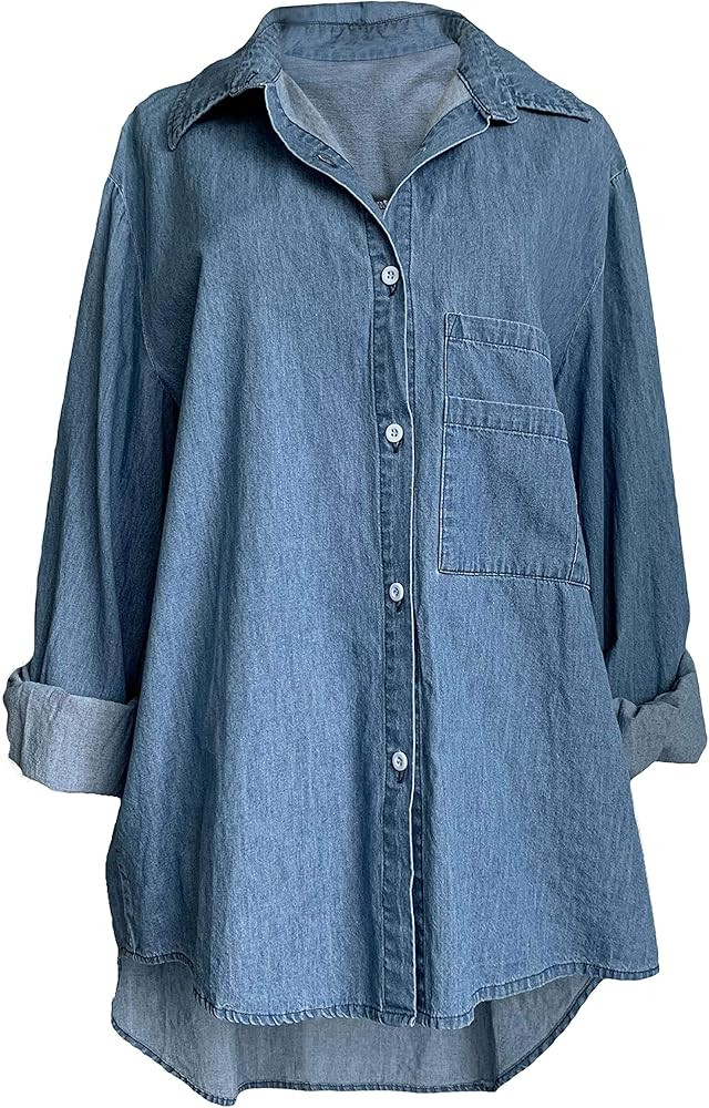 Mordenmiss Women's Plus Size Jacket Button-Down Denim Shirt Blouse with Pockets | Amazon (US)