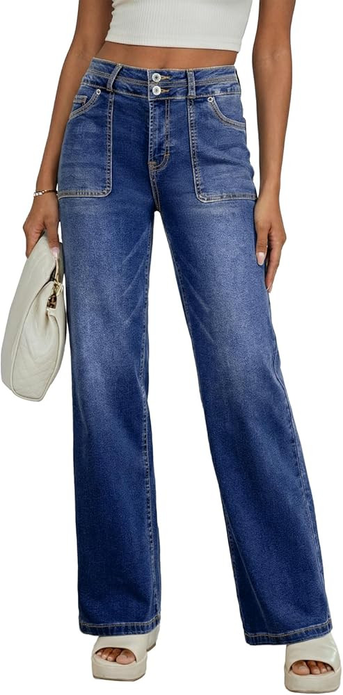 EVALESS Women's Wide Leg Jeans High Waisted Straight Leg Jeans Trendy Stretchy Loose Zimbaplatinu... | Amazon (US)