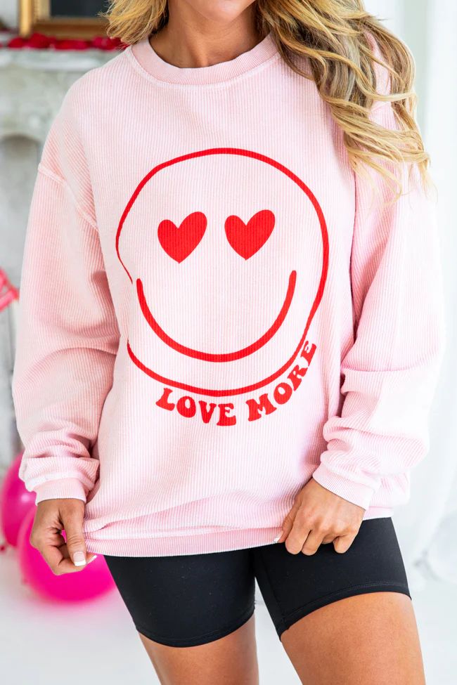 Love More Smiley Pink Corded Graphic Sweatshirt | Pink Lily