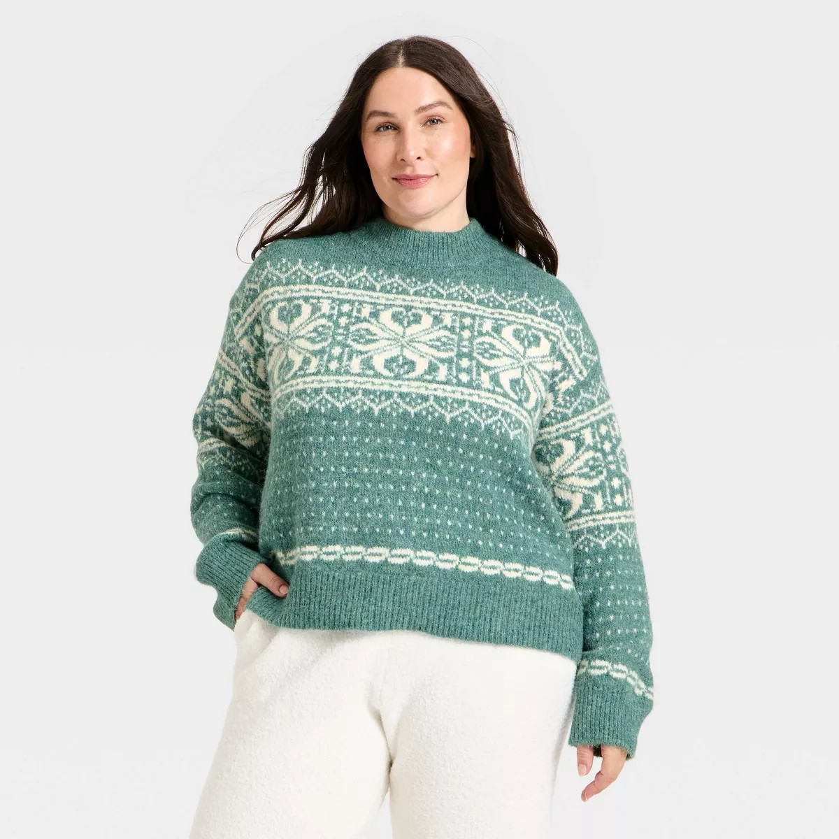 Women's Cozy Alpine Snowflake Crewneck Pullover Sweater - Universal Thread™ Green | Target