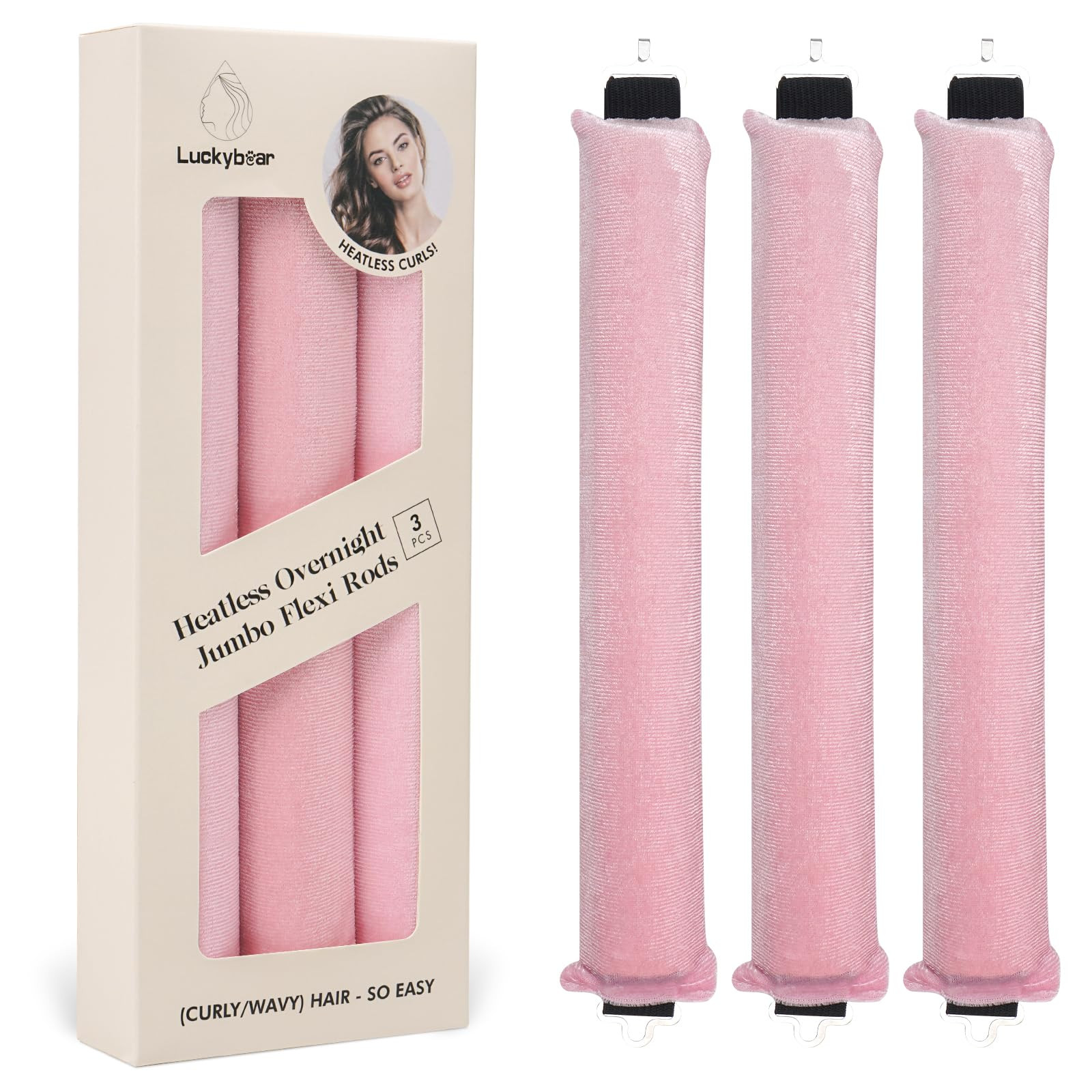Luckybear Jumbo Heatless Hair Curler, 3pcs Pink Satin Flexi Rods - Heatless Curls, Soft Velvet Ov... | Amazon (US)