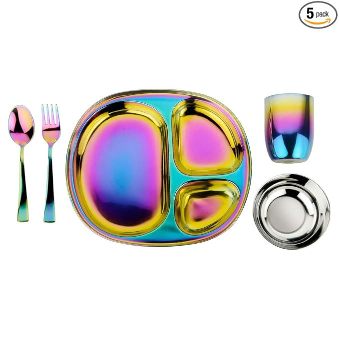 Ahimsa Stainless Steel Kids Dinnerware Set, Pediatrician Designed, 5 Piece Toddler Plates and Bow... | Amazon (US)