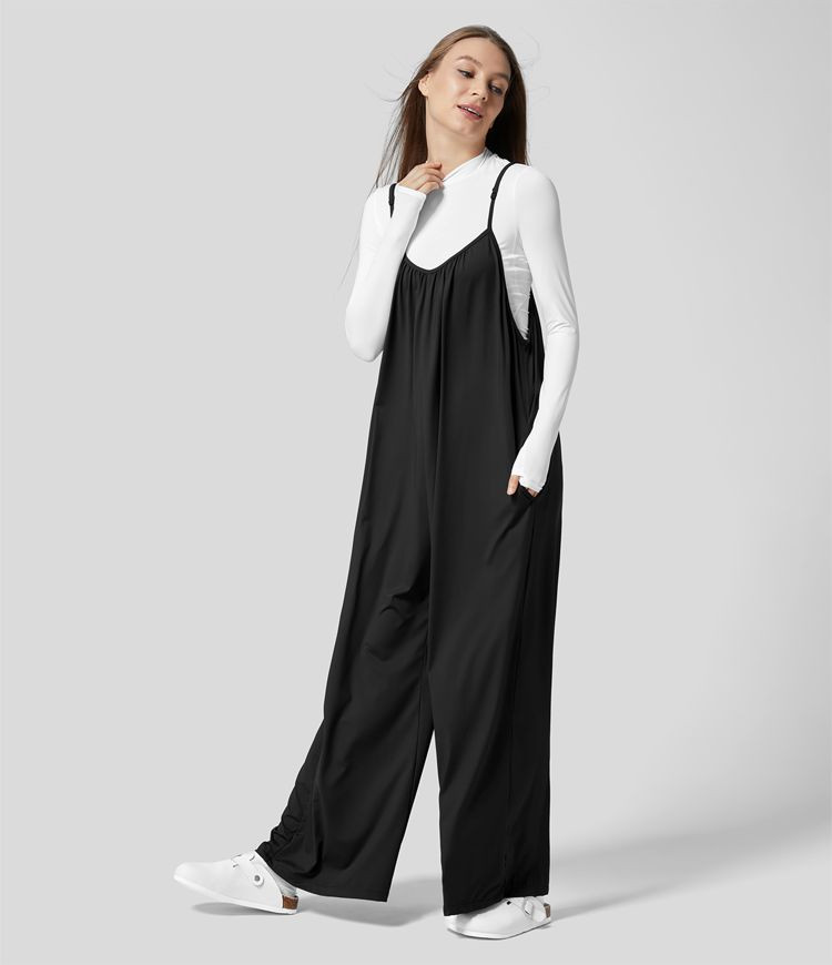 Spaghetti Adjustable Strap Plicated Side Pocket Solid Wide Leg Casual Jumpsuit | HALARA