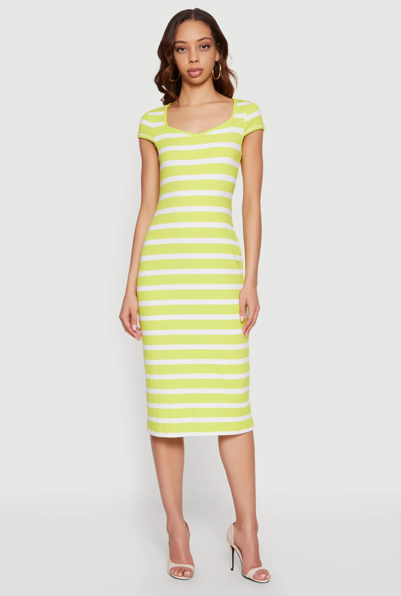 Striped Rip Knit Cap Sleeve V-Neck Midi Dress | Rainbow Shops