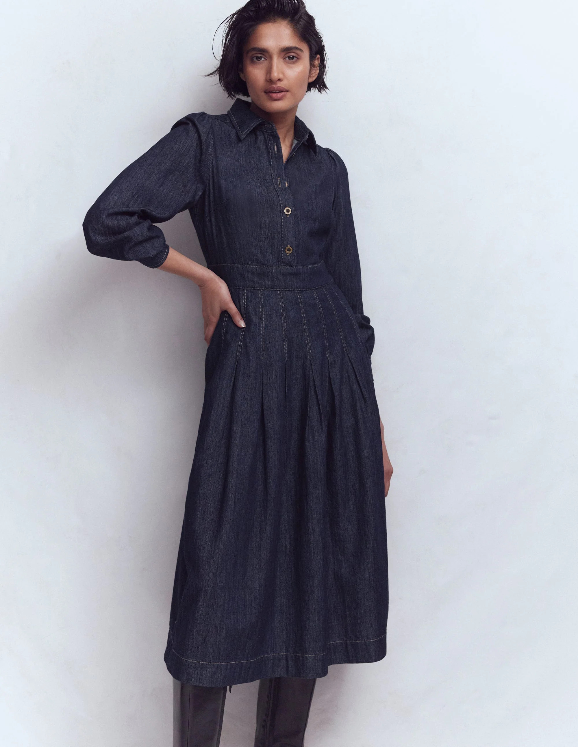 Pleat Skirt Denim Midi Dress-Indigo | Boden UK
