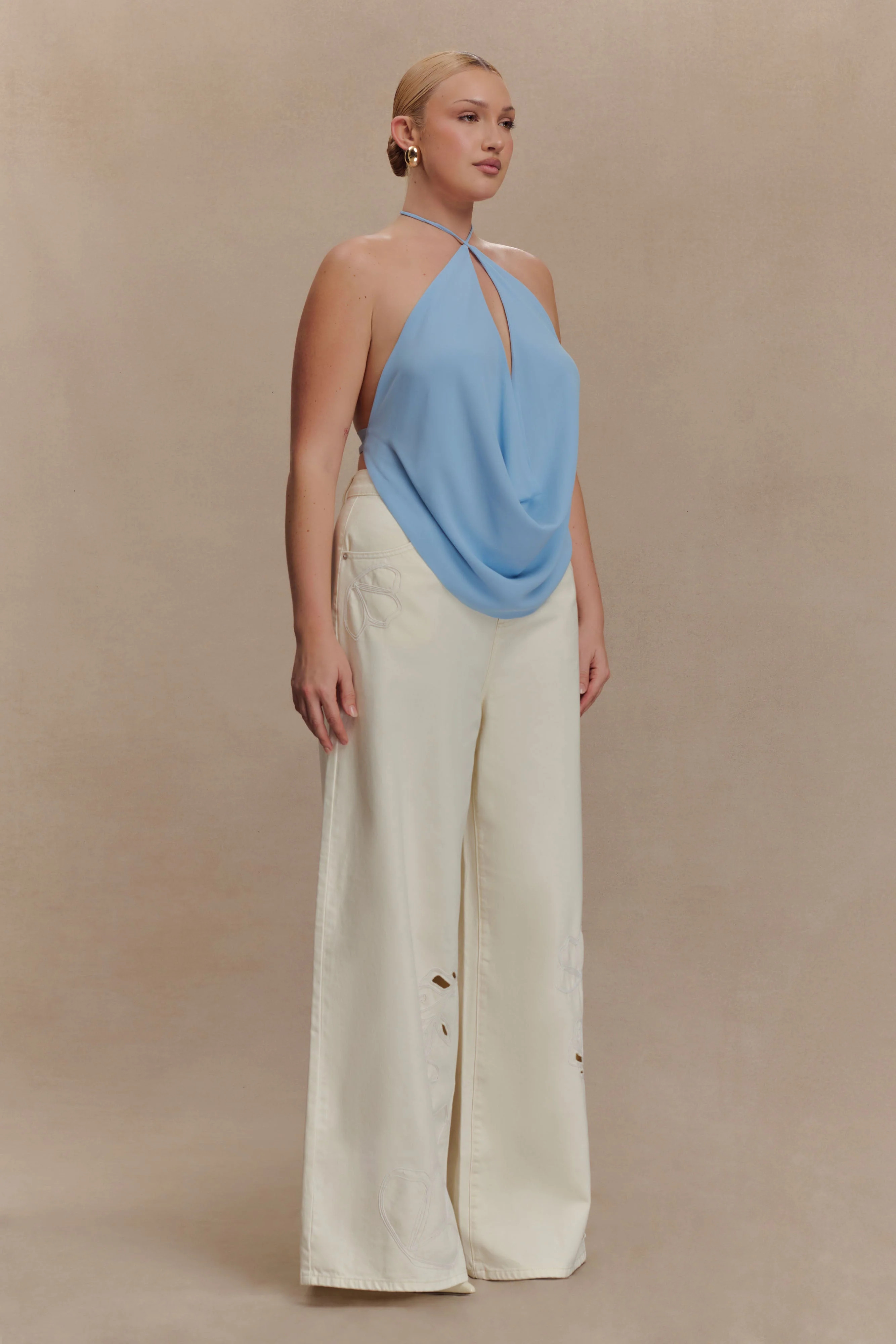 Katalina Chiffon Cowl Halter Top - Sky Blue | MESHKI US