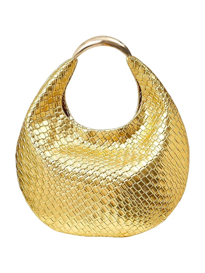 QWINEE Women's Woven Handbag Elegant Clutch Purse Metal Top Handle Cresent Evening Bag Retro PU L... | Amazon (US)