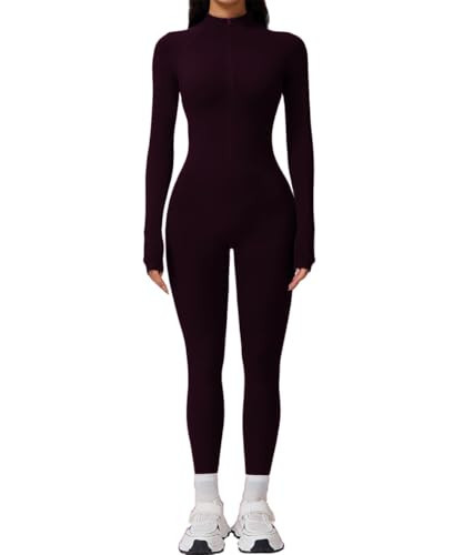 AEEZO Womens Fleece Lined Workout Jumpsuits Slim Zip Up Thermal Yoga Rompers Sexy Sport One Piece Bodycon Pants | Amazon (US)