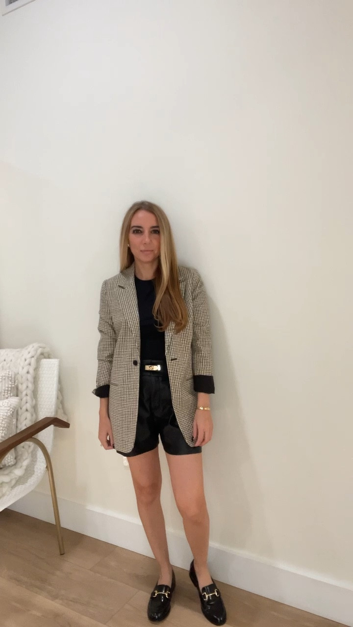 Leather shorts, wearing size 2 for a loose look, thin ribbed top, plaid blazer, loafers. 
Thanksgiving outfit, fall outfit, holiday outfit 

#LTKshoecrush #LTKfindsunder100 #LTKHoliday